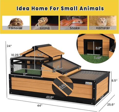 3-Room Large Tortoise Habitat with Pull-Out Tray, Wooden Tortoise Enclosure Indoor & Outdoor with Ramp, Grass Mat, Openable Roof, Luxurious Reptile Enclosure for Small Animals, Yellow in Saudi Arabia