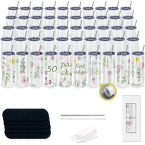 50pack 20OZ Flat edge sublimation straight skinny white tumblers bluk double wall stainless steel insulated cup with metal straw brush wholesale
