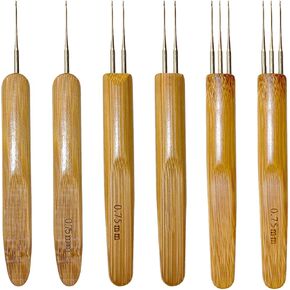 6 Pcs Bamboo Handle Dreadlock Crochet Hooks for Hair, 0.75mm Braid Craft Needle Tools Durable Steel Crochet Hooks for Hair Lengthening, Wig Making, Braid Making(1 Hook, 2 Hooks,3 Hooks)