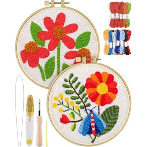ERKOON Punch Needle Kit Adults Beginners, 2 Pcs DIY Easy Flower Embroidery Set for Starter Art Craft, Needling Punching Project with Patterns, Tools, Yarns, Hoop, Instruction (Sunflowers & Tulips)