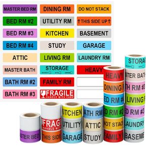 AveneMark 1440 Count Home Moving Labels, 24 Rolls Color Coding for Boxes Stickers + Fragile + Packing Stickers, Including 2 Rolls Blank Customized Use