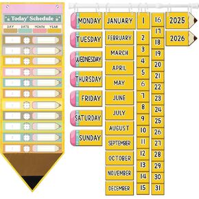Pencil Theme Daily Schedule Classroom Calendar Pocket Chart Teaching Daily Schedule with 13+1 Pockets, 20 Reusable Dry Erase Cards, 52 Date Cards for Preschool Classroom Office Decor
