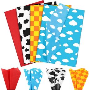 100Pcs Cartoon Story Tissue Paper Blue Sky White Clouds Cow Yellow Checkered Tissue Paper for Gift Wrapping for Birthday Party Baby Shower DIY Craft Supplies, 20 × 14 Inches
