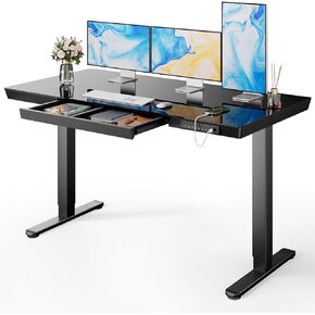 Marsail Glass Standing Desk with Drawer,55 x 28 inch Electric Standing Desk, Sit Stand Desk with One-Piece Tabletop & USB Charging Ports,Height Adjustable Desk with Storage for Home & Office Black