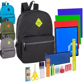 Trail maker Wholesale 19 Inch Backpacks With Water Bottle Holder & 30 Piece School Supplies Kits in Bulk 12 Pack Bundles