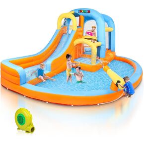 JOYMOR 5-in-1 Inflatable Water Slide Park, Water Bounce House w/Air Blower, Climbing Wall, Double Jump Area, Splash Pool, Water Cannon, Wet or Dry Combo Castle Outdoor Backyard Playhouse for Kids