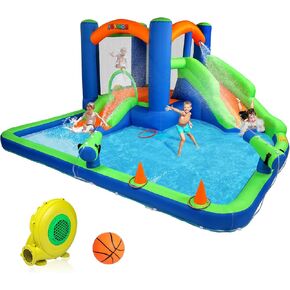 JOYMOR Inflatable Bounce House with Double Water Slide for Kids Toddler Age 3-10, Splash Pool Water Cannons, Ring-Toss Games for Outdoor Backyard Fun Water Toys, Indoor Bouncy Castle with Air Blower