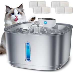 Wireless Cat Water Fountain Battery Operated, 108oz/3.2L Stainless Steel Automatic Pet Water Fountain for Cats & Dogs with Motion Sensor, Ultra Quiet Cordless Cat Drinking Fountain with 4 Filters