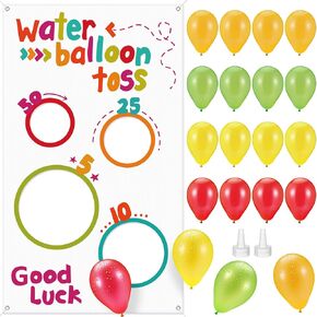 Water Toss Balloon Game Set Include Toss Game Banner, 50 Balloons, 2 Hose Nozzle Outdoor Shooter Target 4 Score Holes Water Ball Splashing Banner Swimming Pool Toy for Summer Supplies