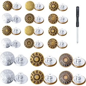 48PCS Jean Buttons for Loose Jeans – No-Sew Jean Button Replacement Kit for Pants & Clothes with 36pcs 17mm & 12pcs 20mm Metal Buttons, Screwdriver & Storage Box