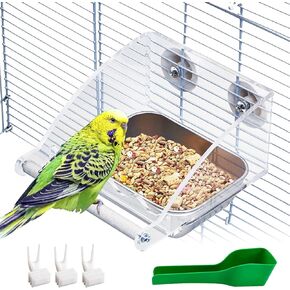 BNOSDM Bird Feeder for Cage with Stainless Steel Food & Water Bowl Acrylic Parakeet Seed Dishes with Anti-Slip Perch Stand for Parrot, Cockatiel, Lovebird, Canary, Finch,Conure,Cockatoo, Pigeon