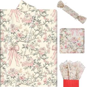 100 Sheets Pink Bow and Flower Tissue Paper, Coquette Vintage Floral Pink Bows Gift Wrapping Paper for Girly Birthday Wedding Baby Shower Holiday Party Supplies, 13.8 x 19.7 Inch