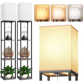 Floor Lamp with Shelves for Living Room 2 Pack, Shelf Floor Lamp with 3 CCT LED Bulb, Corner Display Standing Column Lamp Etagere Organizer Tower Nightstand with White Linen Shade for Bedroom, Office