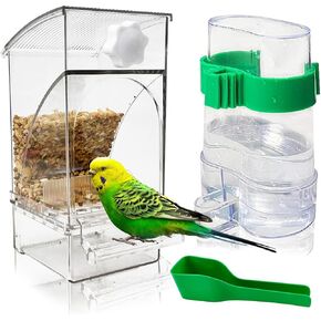 Hamiledyi No Mess Bird Feeders Water Dispenser Set Automatic Parakeet Cage Feeder with Perch Transparent Acrylic Container Parrot Cage Accessories for Canary Budgie Lovebirds Finches