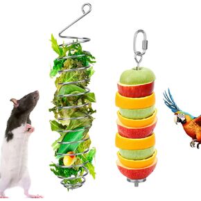 2pcs Rat Enrichment Toys, Premium Stainless Steel Bird Treat Skewer Food Holder Hanging Slow Feeder for Fruits Vegetables Ideal Cage Accessories Mouse & Bird Rodent Foraging Puzzle Toy(Silver)