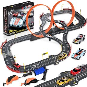 Slot Car Race Track Sets,2 in 1 Race Car Track with 4 High-Speed Slot Cars，Gift Toy for Boys Kids Ages 5 6 7 8-12,Battery or Electric Cars Track,Dual Racing Game Lap Counter Circular Overpass Track
