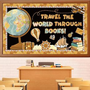 Reading Travel Bulletin Board Decorations Set, Adventure Motivational Classroom Decoration Let The Adventure Begin Vintage Cutouts Library Window Wall Decor for Teacher(Travel The World Through Books)