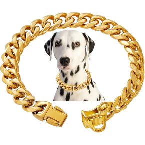 Stainless Steel 18K Gold Dog Collar with Secure Locking Buckle – 15MM Cuban Link Chew-Proof Chain for Small, Medium & Large Dogs