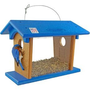 Hanging Bluebird Feeder for Mealworms with 1 1/2" Entrance Hole, Outdoor Live or Dried Mealworm Feeder for Bluebirds - Amish USA Made (Gray & Blue)