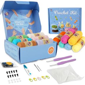 Crochetta Crochet Kit for Beginners Adults & Kids - Complete Starter Set with Crochet Hooks, Scissors, Stitch Markers + 12-Colored Yarn 22-25 Yards (10g) per Color