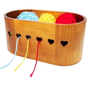 Wooden Yarn Bowl for Crocheting and Knitting, Large Yarn Storage Crochet Bowl, Handmade Yarn Holder Bowl with Heart-Shaped Holes on Both Sides