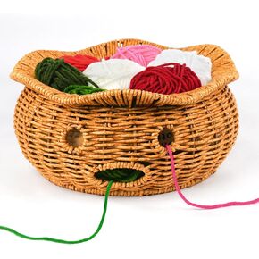 Rattan Yarn Bowl, Handmade Crochet Yarn Bowl with 6 Holes Knitting Bowl to Prevent Yarn Slipping Crochet Gifts for Crocheters Multi-purpose Storage Basket 9.44″ x 4.33″