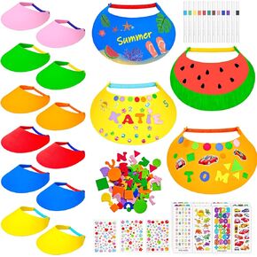 Cinrobiye 12 Set DIY Foam Visor Set with Foam Stickers Markers Rhinestone Stickers Bulk Sun Visor Hat DIY Crafts for Summer Outdoor Sports Party Activities Field and Camping Trips Carnival Prize