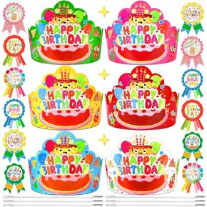 72 PCS Birthday Crowns for Kids Classroom Include 36 Colorful Birthday Paper Hats with Elastic Band 36 Badge Stickers for Classroom School Party Supplies