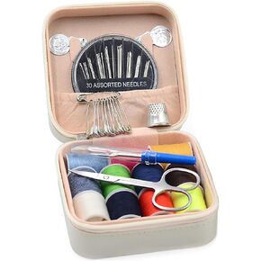 Incauca Travel Sewing Kit for Adults Beginners, Portable Mini Sew Kit Leather Box with Thimbles, Needle and Thread, Basic Hand Home Starter Sewing Supplies Accessories for Emergency Mending, Pink