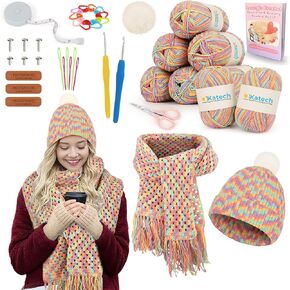 Katech Crochet Kit for Beginners-Crochet Kit for Adults & Kids Learn to Crochet Granny Square Scarf Beanie Hat, Complete Set for Practising Scarf w/Step-by-Step Instructions 8 Blend Yarn-Lightblue