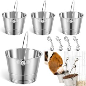 Mumufy 4 Set Stainless Steel Flat Side Bucket 1 Quart Durable Water Pails with Double Ended Snaps Small Metal Bucket Flat Back Water Pails for Dogs Cats Kennels Cages Fences Pet Container