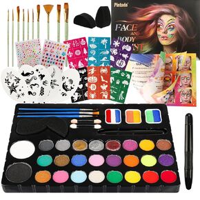 Pintada 26 Color Face Painting Kit for Kids - Non-Toxic Water Activated Face Paint Palette with Brush, Stencils, Gems - For Halloween, Carnivals, Costume Parties, Body Art, Fairs & Creative Events.