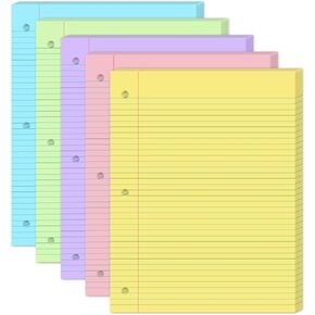 600 Sheets Loose Leaf Paper, Colorful College Ruled Binder Paper 8 x 10.5 inch 5 Colors Lined Filler Paper Notebook Paper 3 Holes for School Office Meeting