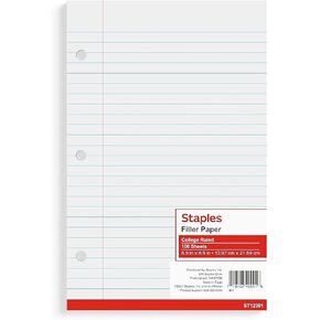 Staples College Ruled Filler Paper, 5.5-inch x 8.5-inch, 3-Hole Punched, White, 300/Carton (ST12301DVS)