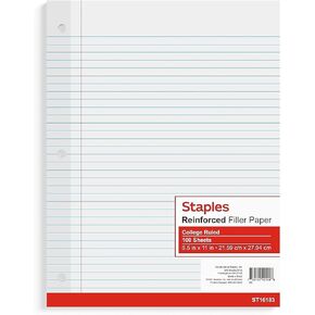 Staples 2072514 Reinforced Filler Paper College Ruled 8-1/2-Inch x 11-Inch 12 pack