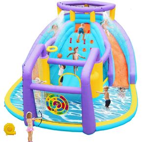 Inflatable Bounce House Water Slide Combo, Blow Up Water Slides for Backyard, Kids Jumper with Climbing Wall, Basketball Hoop, Splash Pool, Bulls Eye, 520W Blower, 165 x 174 x 90 Inches