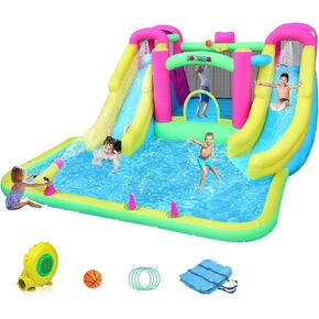 JOYMOR 10-in-1 Inflatable Water Slide Bounce House w/2 Slides, 2 Climbing Wall, Ring-Toss, Large Pool, 1min Blow Up Water Slides for Kids Backyard Includes 750w Air Blower, Storage Bag