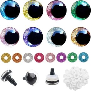 TOAOB 64 Set Glitter Safety Eyes for Amigurumis 12mm Round Crochet Eyes with Washers 8 Colors Doll Eyes for DIY Puppet Stuffed Animals Making