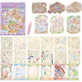 6 Sets DIY 3D Sticker Scene Collection Book with Tweezer DIY 3D House & Room Stickers Make Your Own Sticker Therapy for Adult Cute Cartoon Stickers Scenes for Relief Stress Pass The Time