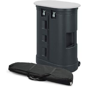 Vispronet Hard PVC Case with Wheels and Removable Lid – Interior Dimensions are 26.5in x 30.5in x 11in – Weighs 37lbs and Stands 39in Tall – Comes with a White Wood Grain Laminated Foldable Tabletop