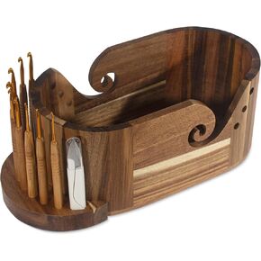 Wooden Yarn Bowl, Craft Knitting Yarn Bowls for Crocheting w/9pcs Knitting Hooks, Sewing Scissors & Crochet Tool Holder, Oval Large Crochet Yarn Holder for Knitting Lovers(11.1x6x4.8in, Acacia Wooden)
