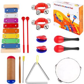 EASTROCK 13 Pcs Musical Instruments Set Toy for Children,Best Gifts for Children,Include Tambourine,Xylophone,Triangle Instrument,Guiro,Maracas,Castanets,Wrist Bells
