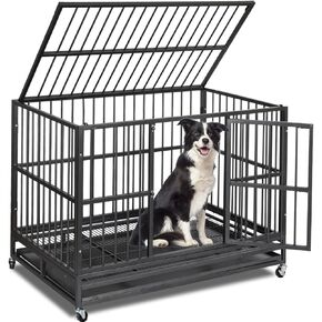 48IN Heavy Duty Dog Crate, Large Dog Crate with Wheels Sturdy Locks, High Anxiety Indestructible Dog Cage, Double Door and Removable Tray, for All Large Pets