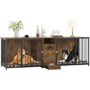 DWVO Double Dog Kennel Furniture, 80.2" Dog Cage Furniture with Divider, Double Dog Crate TV Stand for 2 Medium Dogs, Black