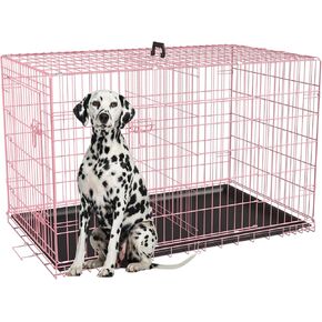 FDW Extra Large Dog Crate Dog Kennel Cage with Double Door,48 inch Folding Metal Wire Dog Cage with Removable Tray&Divider Panel,Pet Crate for Large Dogs,Pink