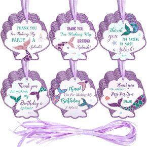 36 Pcs Mermaid Thank You Tags Mermaid Birthday Party Favors Paper Hanging Gift Tags with String Set Little Thank You Personalized Gift for Birthday Wedding Undersea Themed Decoration Supplies