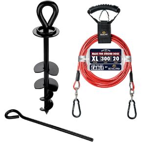 20ft Dog Tie Out Cable and Stake for Large Dogs up to 300 lbs - Heavy Duty Dog Stakes for Outside (Red/Black Bundle)