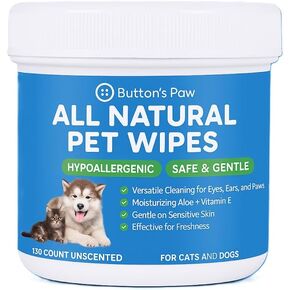 All Natural Unscented Hypoallergenic Wipes for Dogs and Cats|130 ct | Gently Removes Tear Stains and Mucus | Eco-Friendly Grooming Wipes for Paws and Ears for Dogs and Cats | Buttons Paw USA