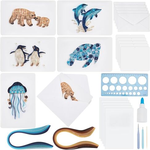 WEBEEDY 20 Sets Paper Quilling Kit for Adult DIY Sea Animals Themes Greeting Card Making Kit with Instruction 5 Styles Animal Polar Bear,Sea Turtle,Whale,Penguin,Jellyfish Cards for Birthday Christmas in Saudi Arabia