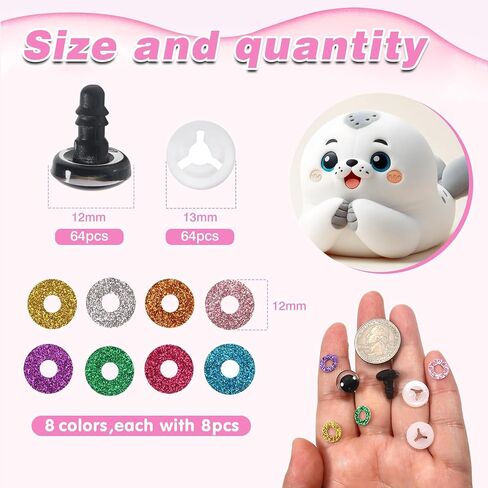 TOAOB 64 Set Glitter Safety Eyes for Amigurumis 12mm Round Crochet Eyes with Washers 8 Colors Doll Eyes for DIY Puppet Stuffed Animals Making in Saudi Arabia